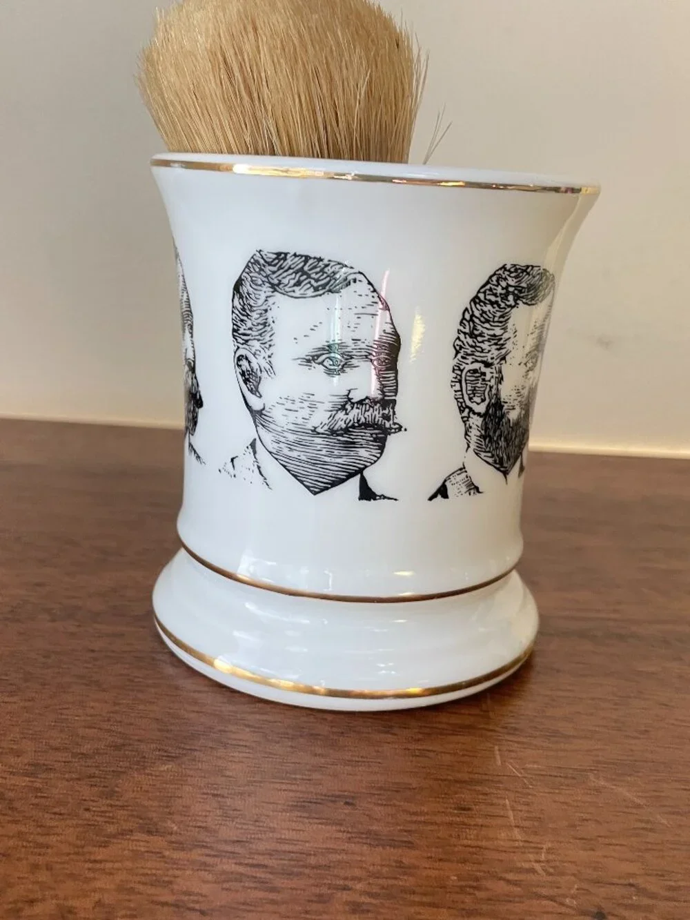 VTG Porcelain Barber's Mug Mustached Gentlemen & Shaving Brush Barbershop